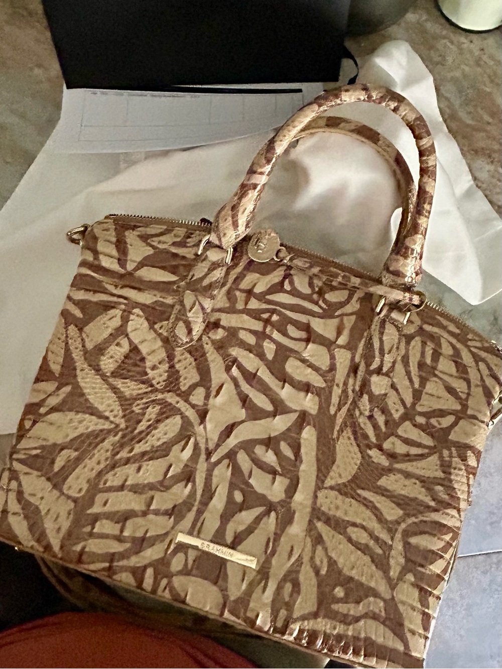 Brahmin Brown and Cream Patterned Leather Satchel